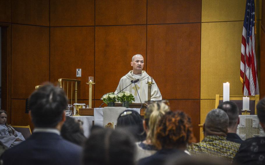 Chaplain Benjamin Letran, an Army captain, leads a memorial service in the Freedom Chapel at Camp Humphreys, South Korea, on May 23, 2024. 