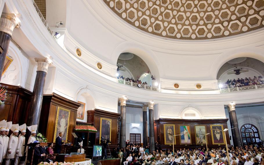 President Barack Obama delivers a speech at the Parliament House in New Delhi, India, Nov. 8, 2010.