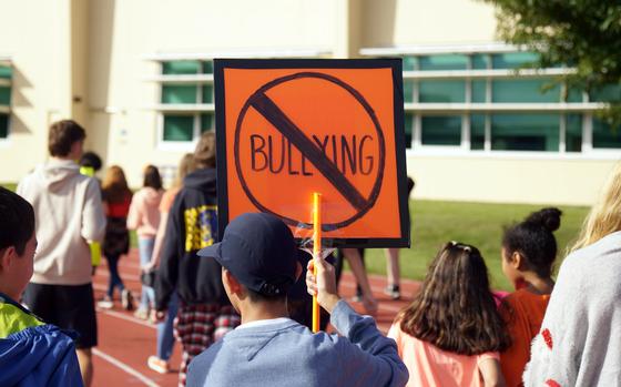 Yokota Middle School students, teachers and staff march against bullying at Yokota Air Base, Japan, Oct. 30, 2024. 