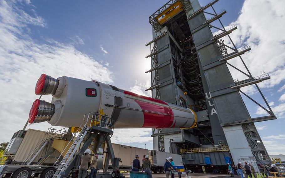 United Launch Alliance teams hoist the Vulcan rocket booster for the Certification-1 mission into the Vertical Integration Facility adjacent to Space Launch Complex 41 at Cape Canaveral Space Force Station on Oct. 27, 2023.