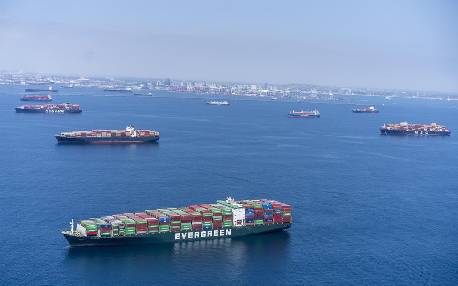 Container ships wait offshore to unload their merchandise during the supply-chain backlogs of 2021 at the Port of Los Angeles in September 2021. 