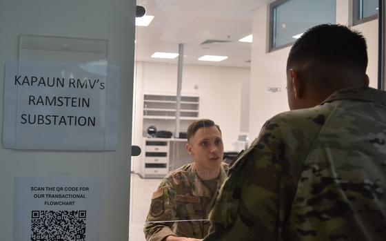 A service member uses the new vehicle registration substation Aug. 15, 2024, at Ramstein Air Base, Germany. People who showed up on the substation's first day of operations said they were surprised by the light turnout. The Kaiserslautern Military Community is dealing with an acute shortage of appointments for vehicle registration services.