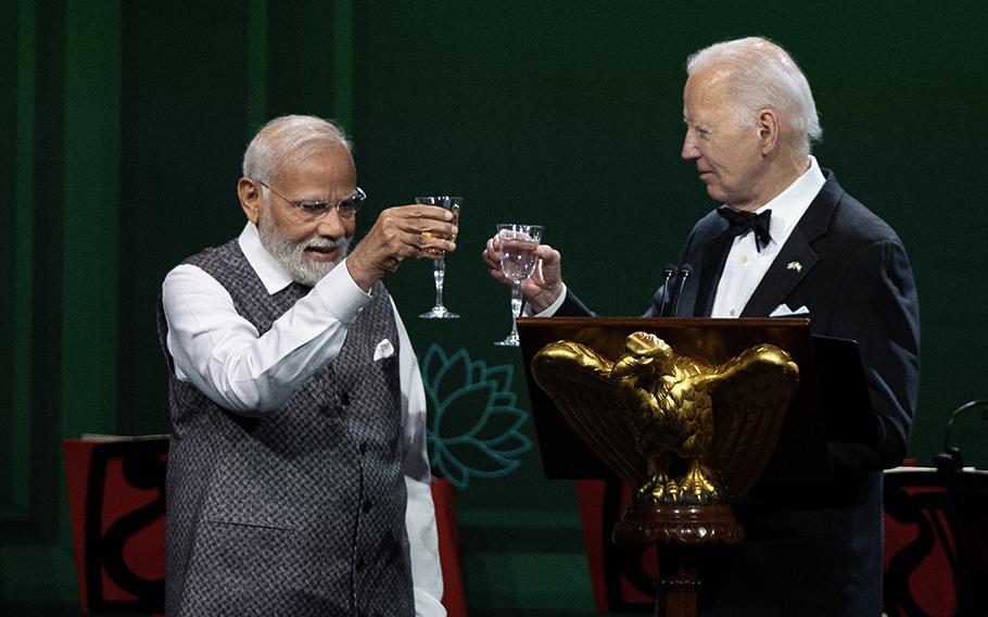 President Joe Biden and Indian Prime Minister Narendra Modi raised a toast with ginger ale at the White House state dinner on June 22, 2023.