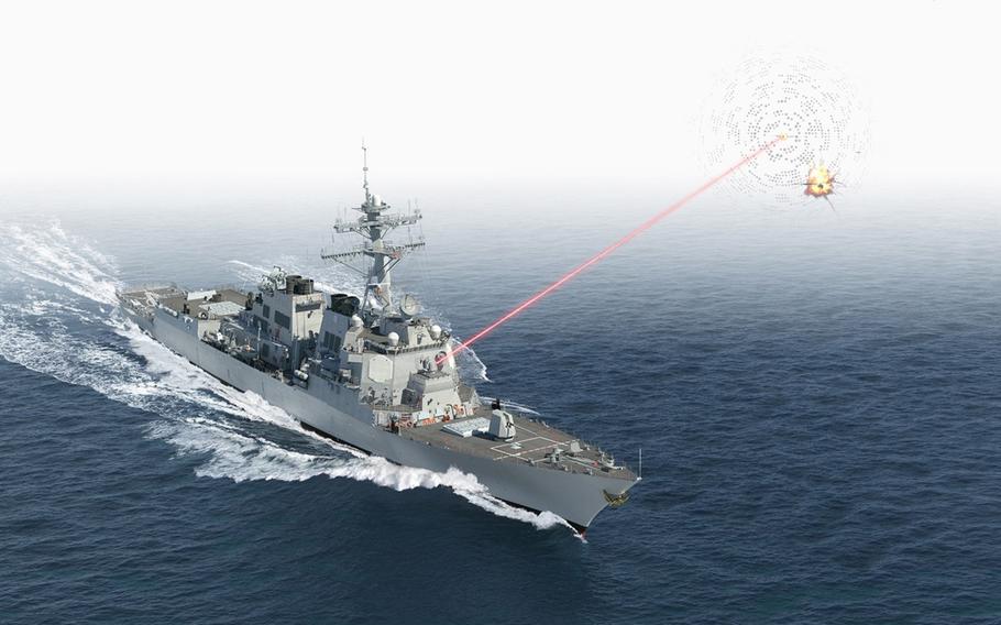 This photo illustration shows the guided-missile destroyer USS Preble, the only U.S. Navy warship equipped with a HELIOS weapons platform. 