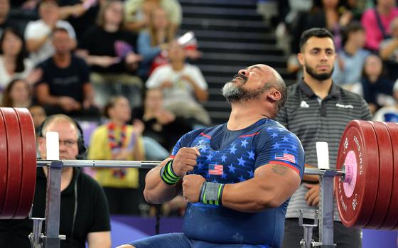 Bobby Body reacts after failing to lift 232 kilograms, or 511.5 pounds at the para powerlifting competition at the 2024 Paris Paralympics., Sept. 8, 2024. The Army veteran finished fourth in the up tp 107 kilogram class.