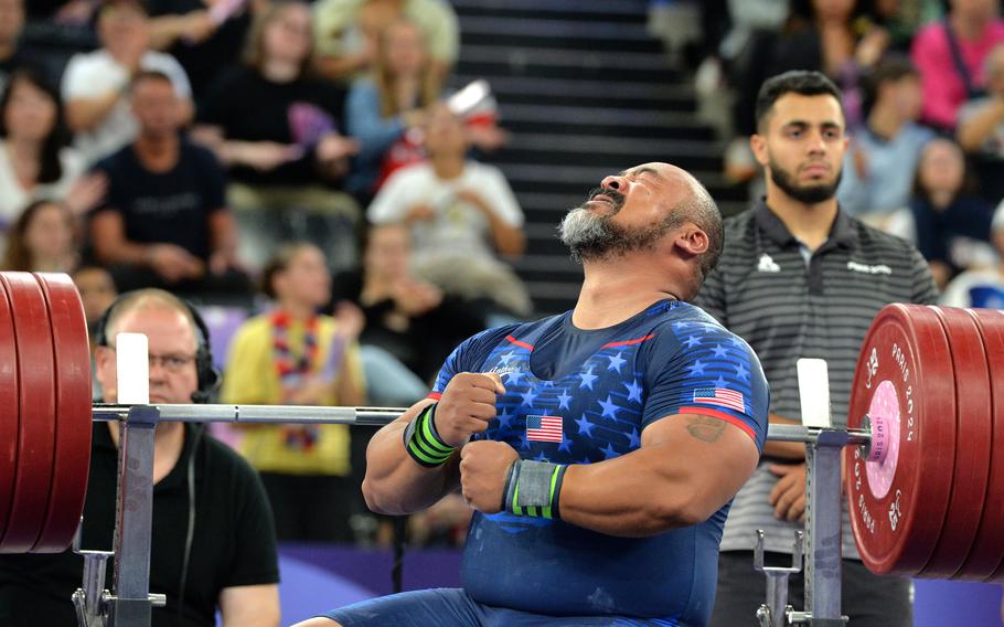 Bobby Body reacts after failing to lift 232 kilograms, or 511.5 pounds, at the para powerlifting competition at the 2024 Paris Paralympics., Sept. 8, 2024. The Army veteran finished fourth in the up to 107 kilogram class.