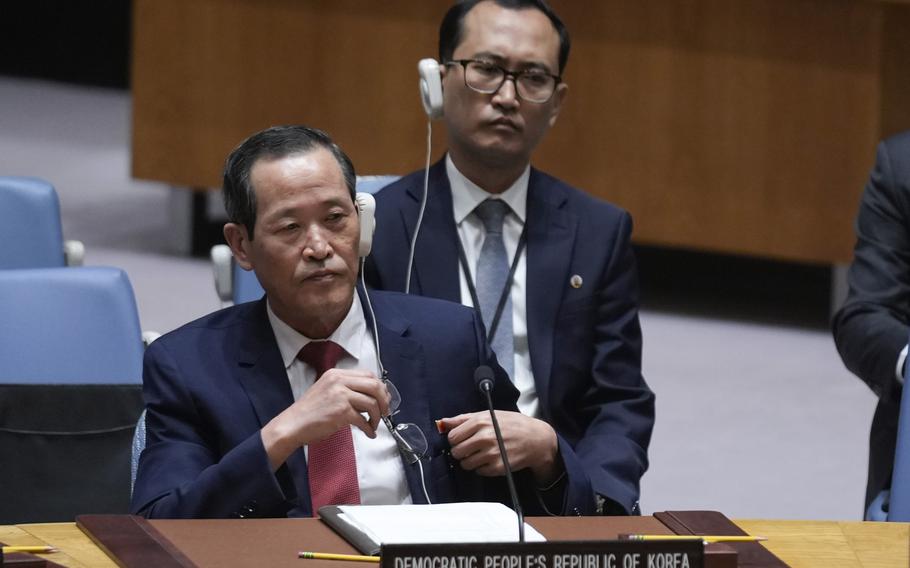 North Korean ambassador to the United Natiopns Song Kim finishes speaking during a Security Council meeting at United Nations headquarters, Friday, June 28, 2024.