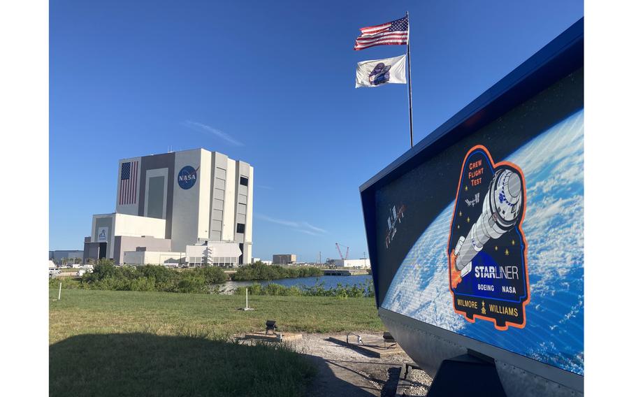 The countdown clock at Kennedy Space Center’s press site sports the Boeing CST-100 Starliner logo for its Crew Test Flight mission awaiting launch from neighboring Cape Canaveral Space Force Station. 