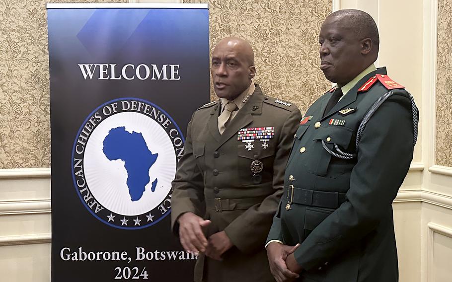 U.S. Marine Gen. Michael Langley, head of U.S. Africa Command, left, speaks to reporters at a conference of military chiefs from across Africa, with Lt. Gen. Placid Segokgo, Botswana’s commander of the defense force, Tuesday, June 25, 2024 in Gaborone, Botswana. 
