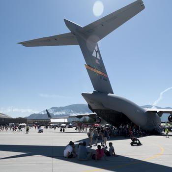 Spectators explore a C-5 Super Galaxy as part of the Warriors over the Wasatch air show at Hill Air Force Base, Utah, June 29, 2024. 