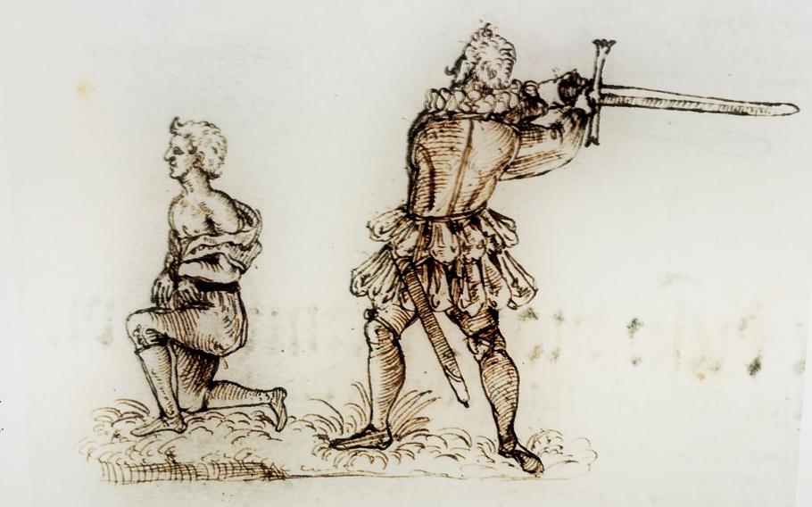 A pen-and-ink drawing from the judicial record of 1591 depicts executioner Franz Schmidt beheading Hans Froeschel for stealing. A photo of the drawing is among the exhibits on display at the Henkerhaus in Nuremberg, Germany.