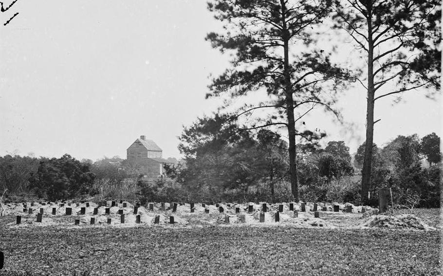 An 1865 photo of the graves of Union soldiers who were buried at the racecourse in Charleston, S.C., during the Civil War.