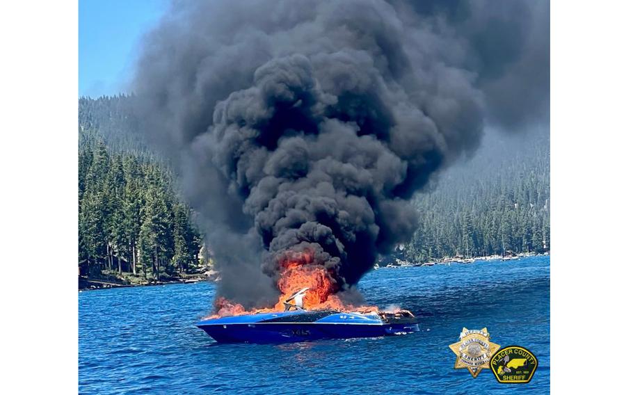 Six people aboard a motorboat in Lake Tahoe were rescued Sunday by the U.S. Coast Guard after the vessel caught fire and sank.