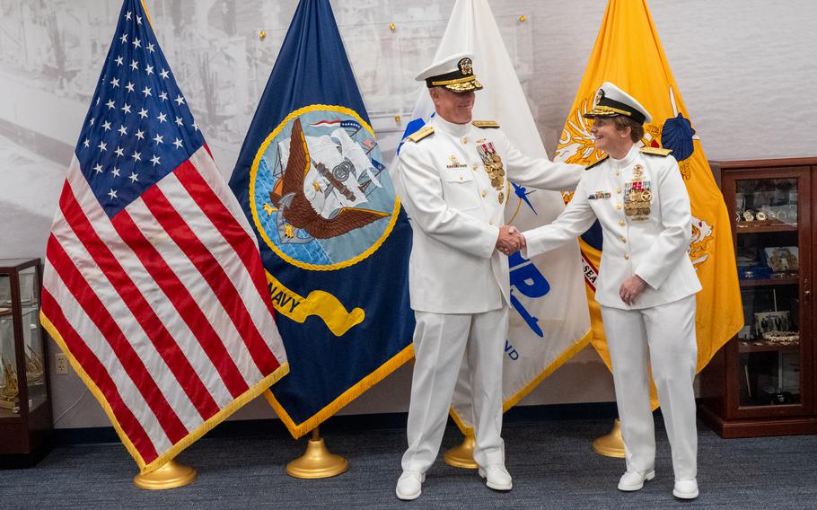 Rear Adm. Kristin Aquavella assumed command of Naval Supply Systems Command Weapon Systems Support (NAVSUP WSS) from Rear Adm. Matt Ott in a ceremony aboard NSA Mechanicsburg, Aug. 2.  Rear Adm. Kenneth W. Epps (not pictured), commander, NAVSUP/Chief of Supply Corps, presided over the ceremony and provided guest speaker remarks. 