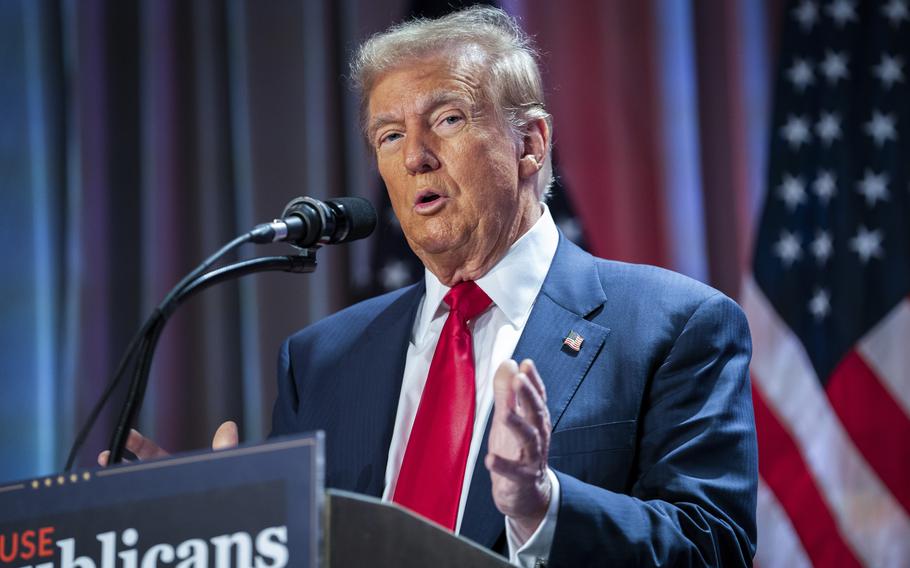 President-elect Donald Trump speaks during a meeting with the House GOP conference, Nov. 13, 2024, in Washington.