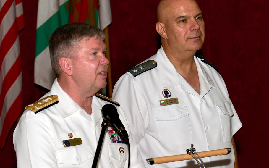 Vice Adm. Thomas Ishee, commander, U.S. 6th Fleet, left, and Rear Adm. Kiril Mihaylov, commander of the Bulgarian navy, speak to reporters in Varna, Bulgaria during the Sea Breeze exercise.