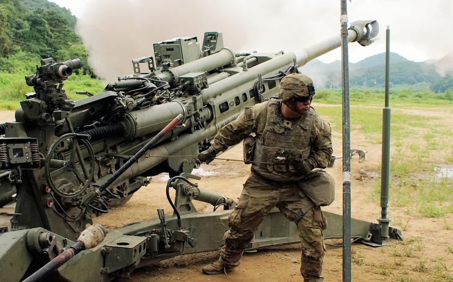 U.S. artillerymen fire an M77A2 Howitzer during Ulchi Freedom Shield training in Paju, South Korea, Aug. 16, 2023.