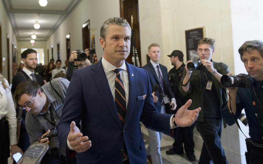 Pete Hegseth, President-elect Donald Trump’s pick for secretary of defense, speaks with reporters after a meeting with senators on Capitol Hill on Nov. 21, 2024.