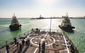 240505-N-GJ011-1093 U.S. 5TH FLEET AREA OF OPERATIONS (May 2, 2024) Two tugboats escort the Arleigh Burke-class guided-missile destroyer USS Mason (DDG 87), May 2. Mason is deployed to the U.S. 5th Fleet area of operations to support maritime security and stability in the Middle East region. (Official U.S. Navy photo)