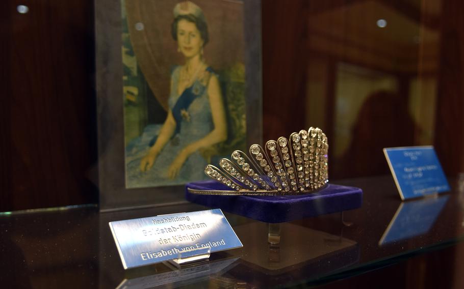 This replica crown of the late British Queen Elizabeth II is one of several examples of diamond jewelry reproductions worn by famous people on exhibit at the German Museum of Minerals in Idar-Oberstein.