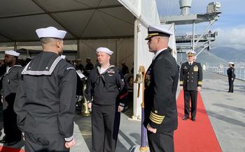 Capt. Colin Price assumes command of U.S. 6th Fleet flagship USS Mount Whitney on Jan. 31, 2025, during a ceremony in Gaeta, Italy. 