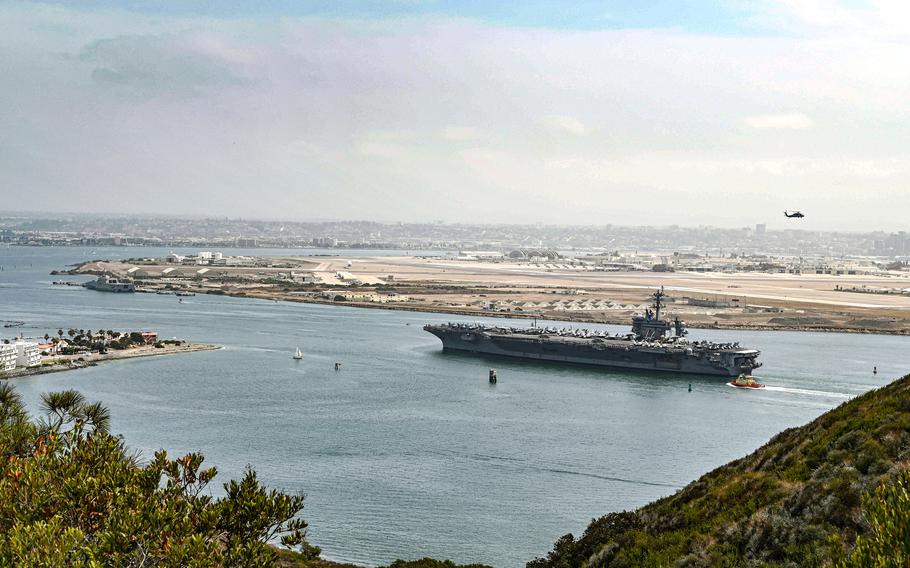 Aircraft carrier USS Abraham Lincoln (CVN 72) returns to its homeport of Naval Air Station North Island in San Diego on July 23, 2021.