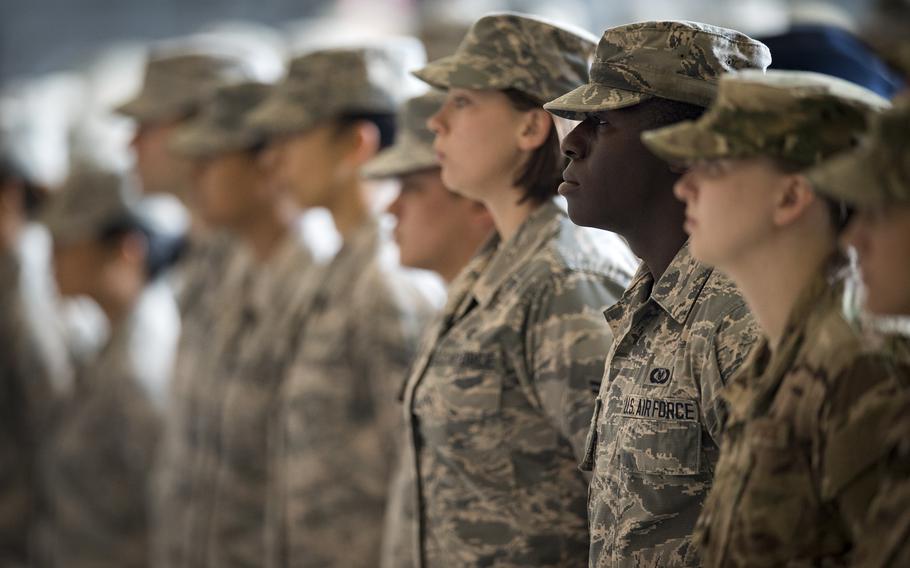 Airmen from the 23d Fighter Group stand in formation during a change of command ceremony, July 10, 2017, at Moody Air Force Base, Ga. 