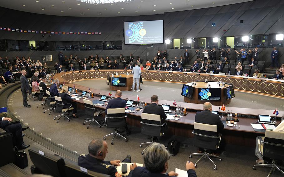 A general view of the meeting of the NATO-Ukraine Council at NATO headquarters in Brussels, Wednesday, Oct. 11, 2023. 