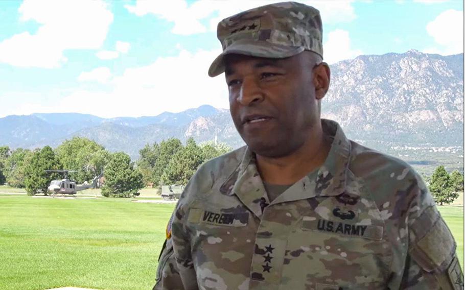 A video screen grab shows Lt. Gen. Kevin Vereen, a Deputy Chief of Staff who leads integration across the Army to modernize installations and enhance quality of life, as he visits Fort Carson, Colo., on Monday Aug. 22, 2023.