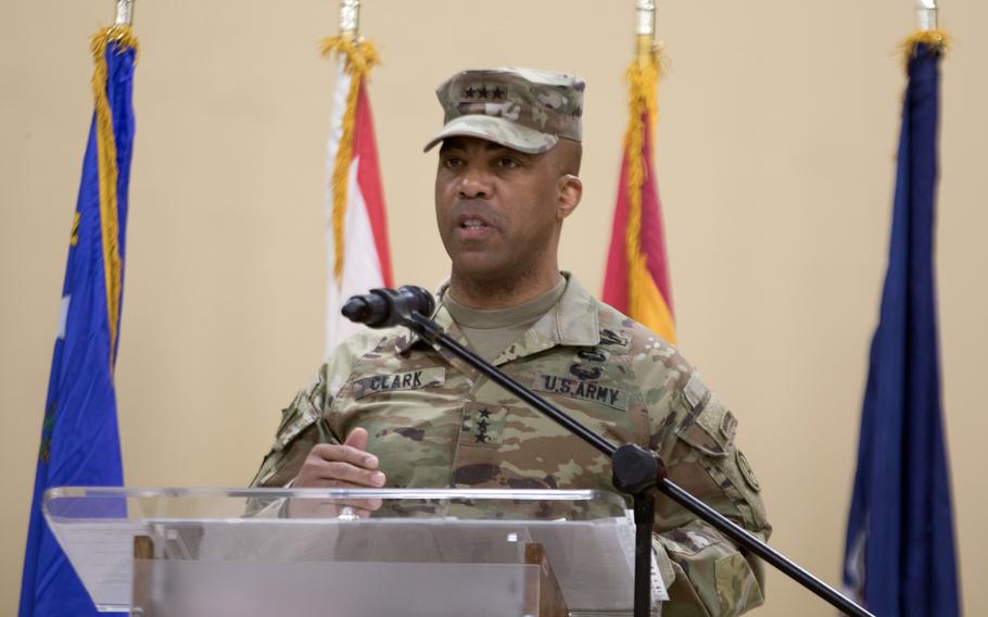 Lt. Gen. Ronald P. Clark speaks during a change-of-command ceremony at Camp Arifjan, Kuwait, in March 2022. 