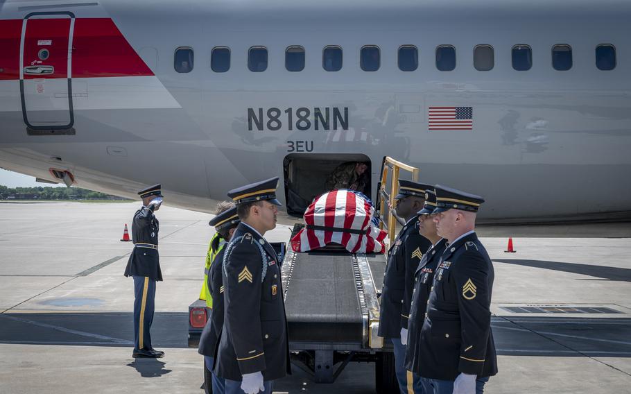 Members of the Connecticut National Guard’s funeral honors team prepare to receive the repatriated remains of Tech Sgt. Kenneth McKeeman at Bradley International Airport, May 31, 2024. 