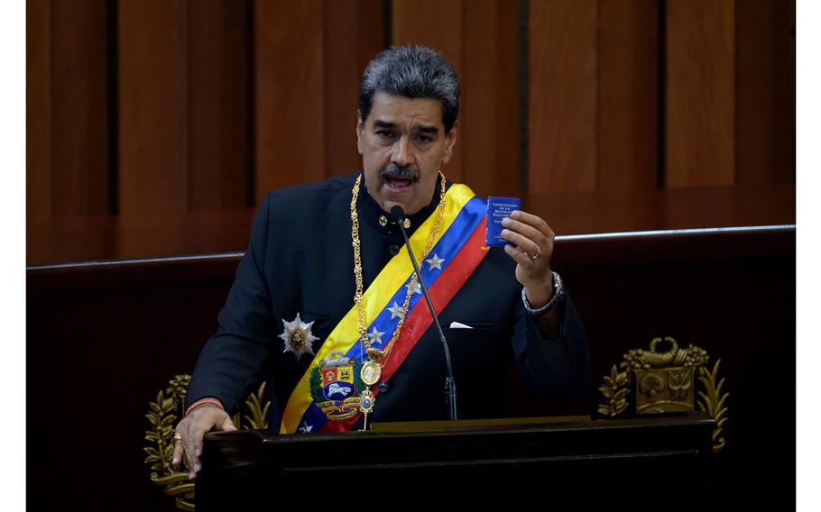 Venezuela’s Nicolas Maduro speaks at the Supreme Court in Caracas on Jan. 31, 2024, after his government bared Maria Corina Machado from running in this year’s presidential elections. 