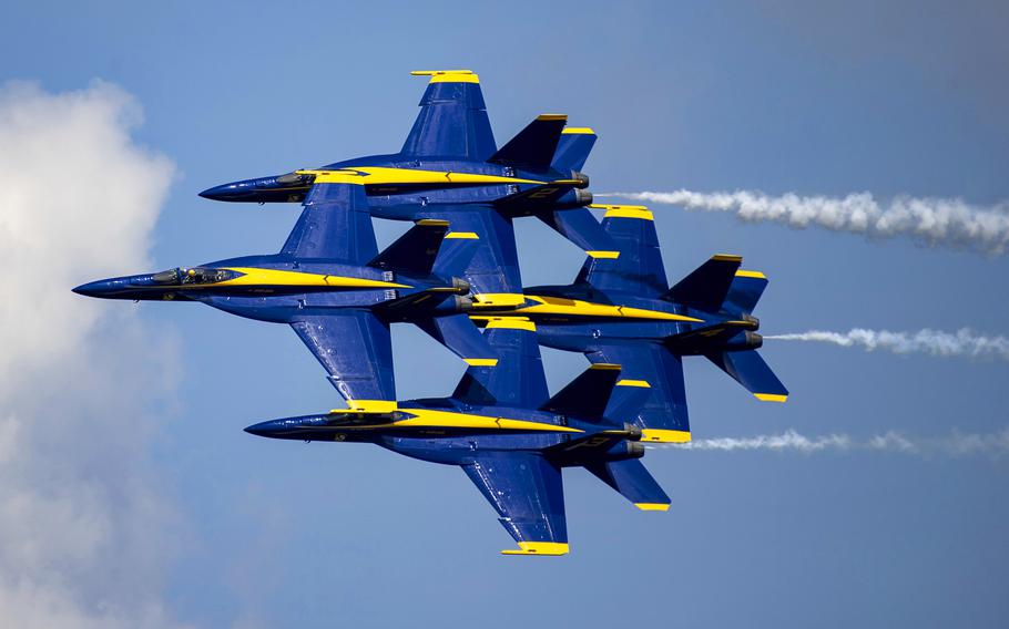 A scene from the documentary “The Blue Angels.” According to producer J.J. Abrams, “The footage was filmed especially for IMAX. Watching these pilots do their thing in this format — the jets literally inches apart — is utterly bonkers. Truly spectacular to see.”