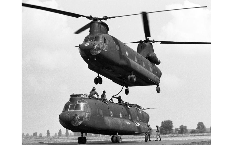 A crew at Coleman Barracks prepares a Chinook helicopter