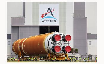 The Core Stage for NASA’s Space Launch System rocket is moved from the Pegasus barge to the Vehicle Assembly Building, on July 23, 2024.