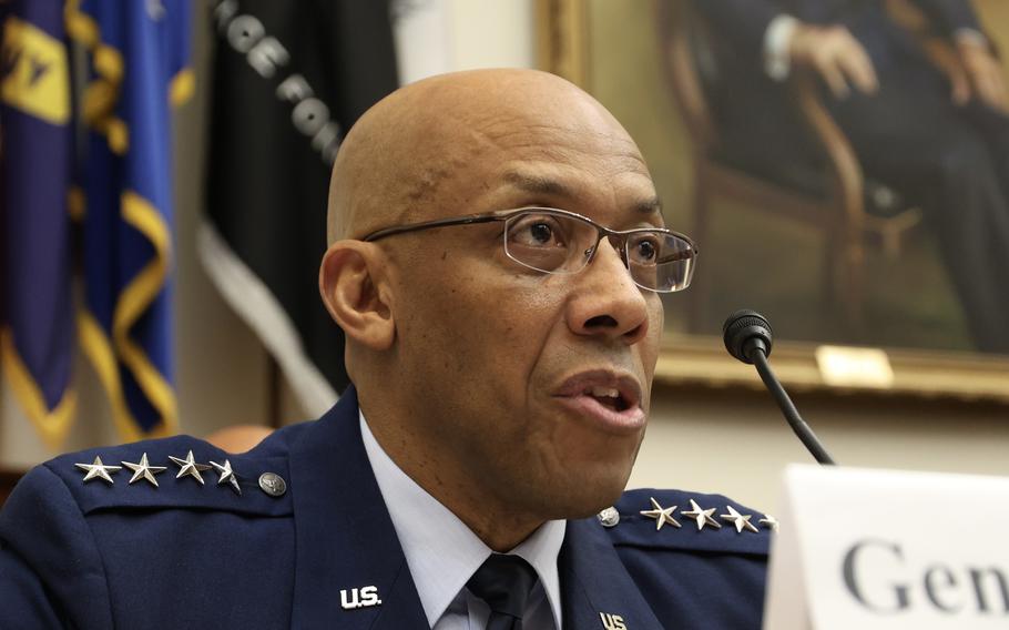 Joint Chiefs of Staff Chairman Gen. Charles “CQ” Brown answers a question during a House Armed Services Committee hearing on Capitol Hill, Tuesday, April 30, 2024.