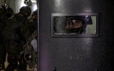 South Korean soldiers clear an underground facility as part of Freedom Shield drills in Paju, South Korea, March 17, 2025. 