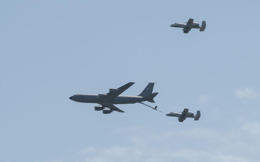 A U.S. Air Force KC-135 Stratotanker aircraft and two A-10C Thunderbolt II aircraft conduct an aerial demonstration during the 2024 Wings Over Whiteman Air Show at Whiteman Air Force Base, Mo., July 13, 2024. The KC-135 provides the core aerial refueling capability for the U.S. Air Force and the A-10 is designed for close air support of ground forces. 