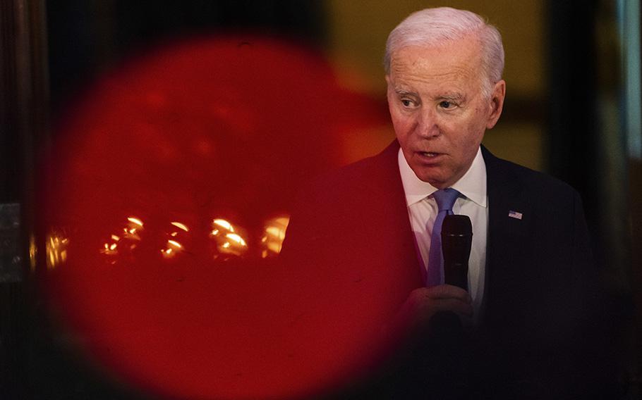 President Joe Biden speaks during a dinner for combatant commanders in the Cross Hall of the White House on May 3, 2023.