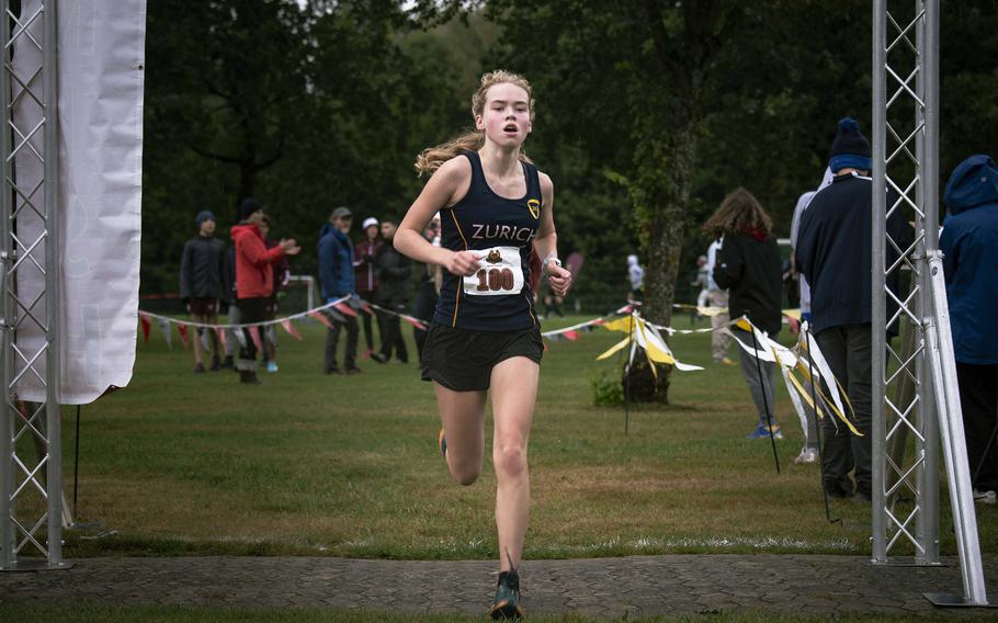 Zurich International's Helene Orstavik races to cross the finish line during an international meet in Vilseck on Saturday, Sept. 14, 2024.