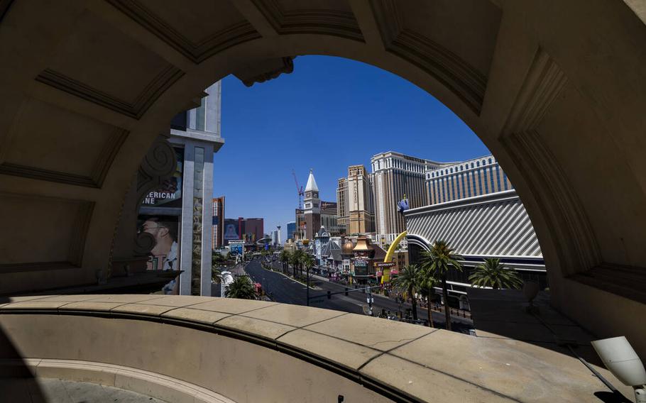 The outdoor space overlooking the Strip at Electric Playhouse, a new high-tech social gaming place opening soon at The Forum Shops at Caesars on June 14, 2024, in Las Vegas. 