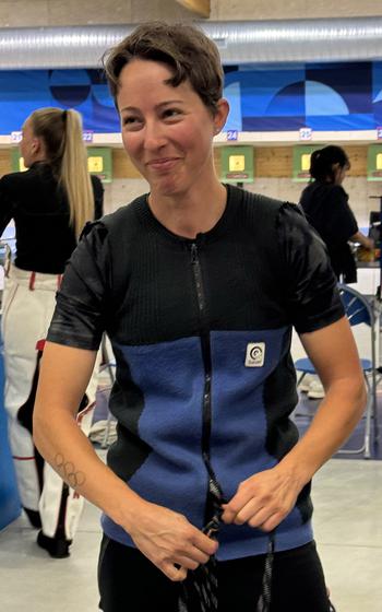 Army Sgt. Sagen Maddalena smiles after the women’s 10-meter air rifle qualification round on Sunday, July 28, 2024, in Chateauroux, France. Maddalena advanced to Monday’s final with a seventh-place finish.