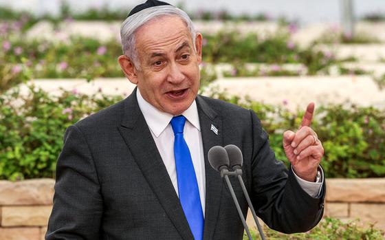 Israeli Prime Minister Benjamin Netanyahu speaks during a state memorial ceremony for the victims of the 1948 Altalena affair, at Nachalat Yitzhak cemetery in Tel Aviv on June 18, 2024. (Shaul Golan/Pool/AFP via Getty Images/TNS)