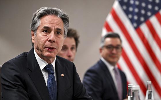 US Secretary of State Antony Blinken speaks during his meeting with the United Nations (UN) Special Envoy for Syria in Jordan's southern Red Sea coastal city of Aqaba, Saturday Dec. 14, 2024. (Andrew Caballero-Reynolds/Pool via AP)