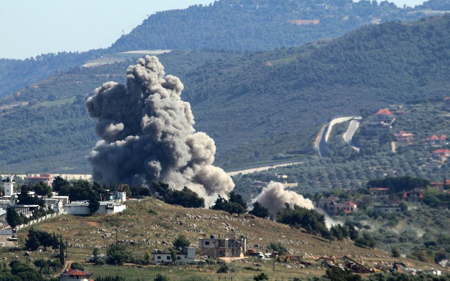 A smoke plume rises over the southern Lebanon village of Kfar Kila during Israeli bombardment on May 16, 2024, amid ongoing cross-border clashes between Israeli troops and Hezbollah fighters. 