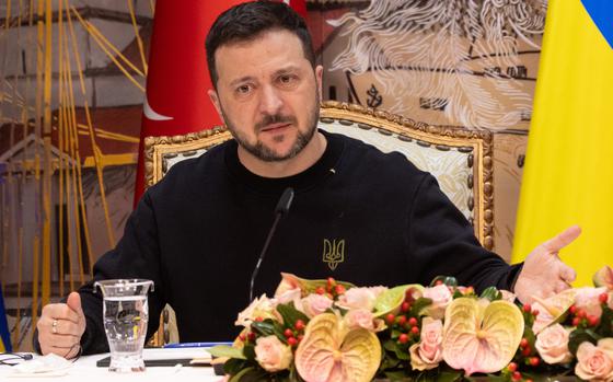 President of Ukraine, Volodymyr Zelensky, speaks to the media during a joint press conference with the President of Turkey, Recep Tayyip Erdogan, on March 8, 2024, in Istanbul, Turkey. Zelenskyy repeated his message that deliveries need to reach the front line urgently as Moscow’s troops make grinding advances in Ukraine’s eastern Donbas region, where Zelenskyy said Russian President Vladimir Putin is keeping his most combat-ready units. (Chris McGrath/Getty Images/TNS)