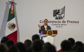 FILE - Mexican President Claudia Sheinbaum gives a media briefing from the National Palace in Mexico City, Oct. 2, 2024, the morning after her inauguration. (AP Photo/Fernando Llano, File)