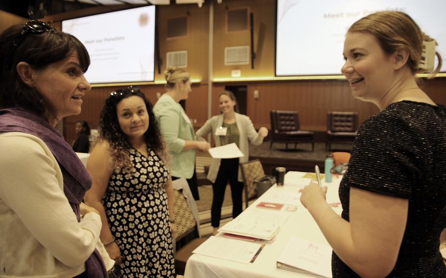 Military spouses from across Okinawa network at the Rocker Enlisted Club on Kadena Air Base, Japan, during the fall Okinawa Leadership Seminar on Wednesday, Oct. 4, 2023. 