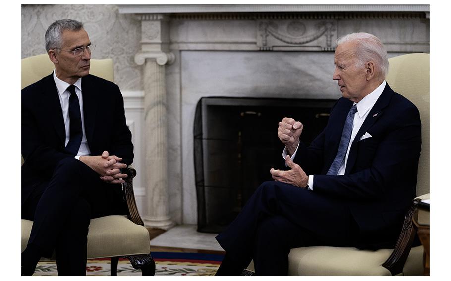 President Joe Biden meets with NATO Secretary General Jens Stoltenberg in the Oval Office at the White House in Washington, D.C., in June 2023.