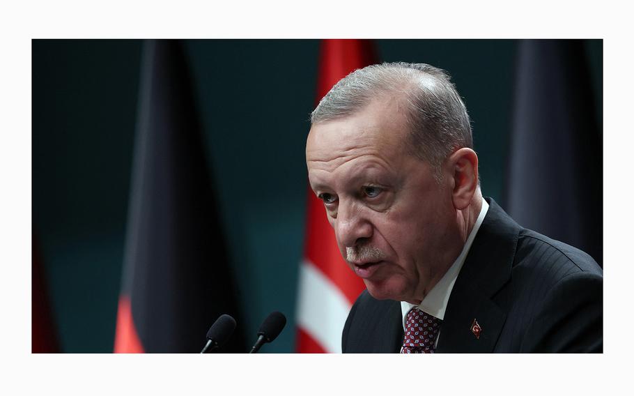 Turkish President Recep Tayyip Erdogan speaks during a briefing in Ankara, on April 24, 2024. 